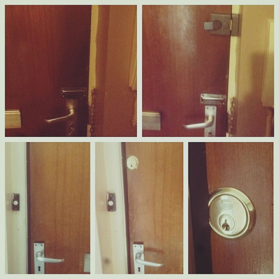five pictures showing the installation of a grey night latch and brass rim cylinder