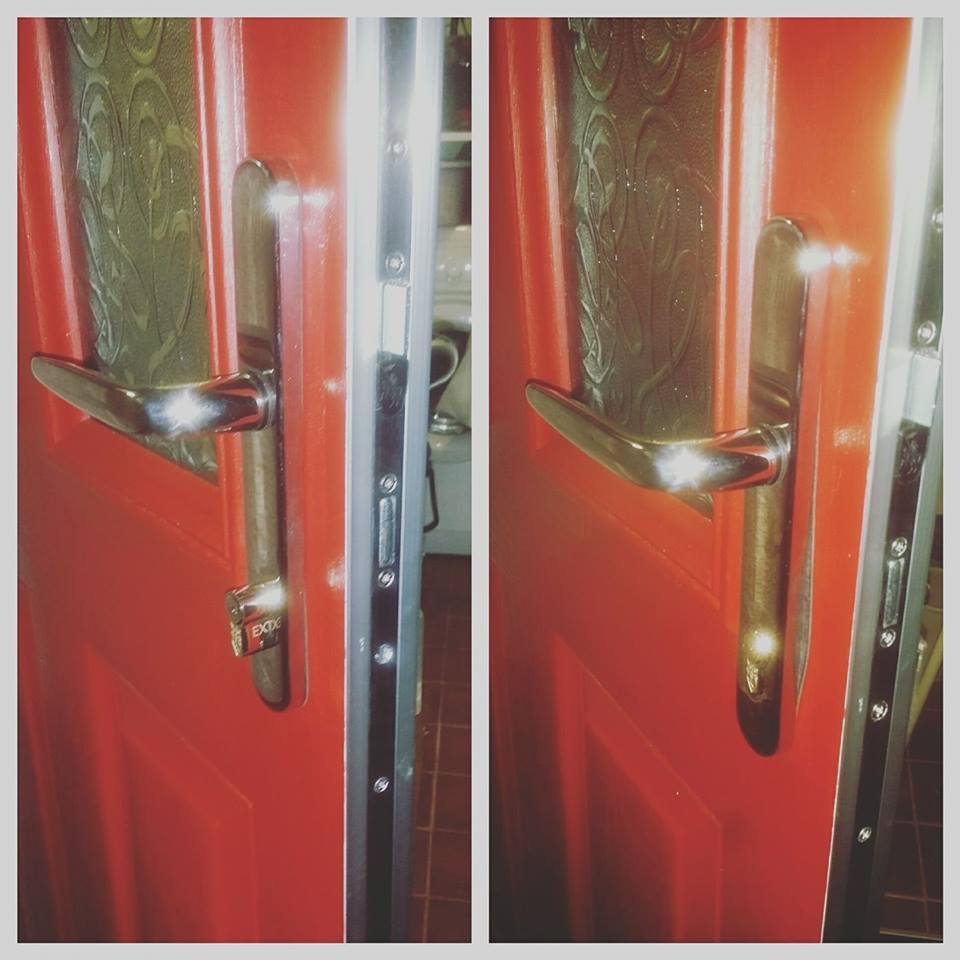 two pictures showing a euro cylinder replacement on a red composite door