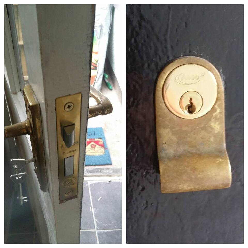 two pictures show a brass mortice sashlock in a white door and a brass rim cylinder on a black door