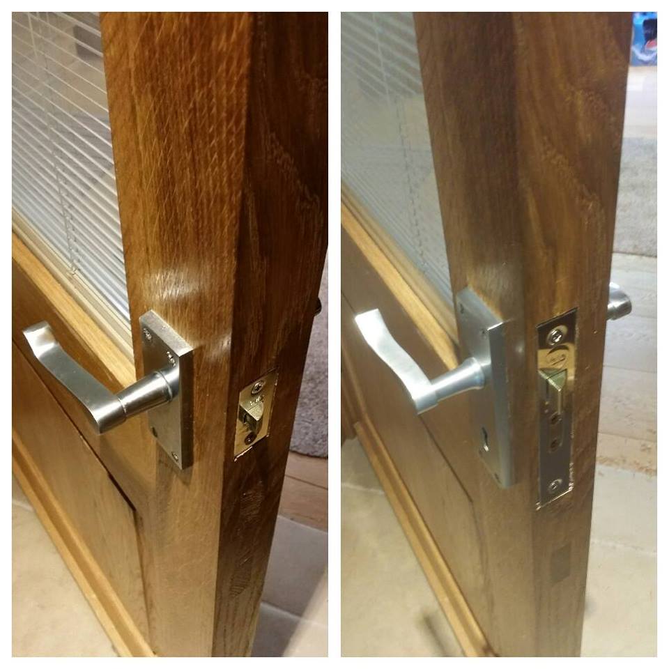 two pictures showing a chrome mortice upgrade on an internal wooden door