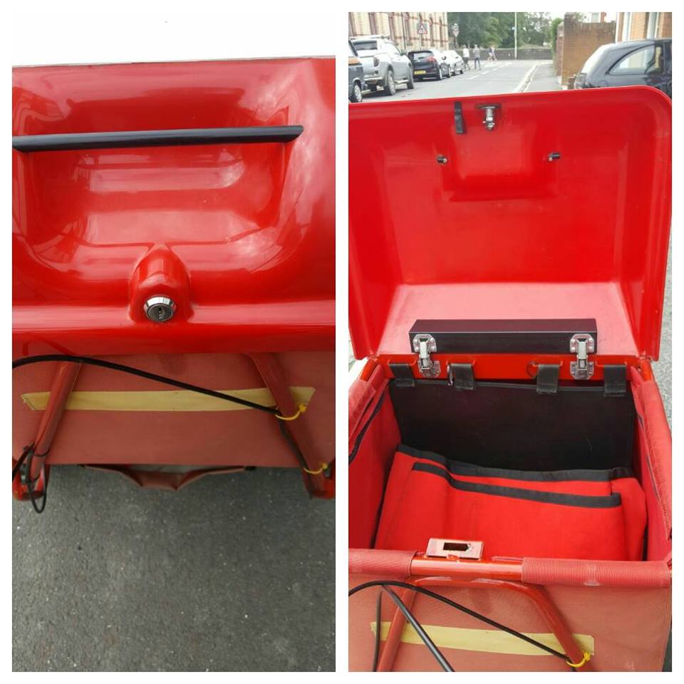 two pictures showing a red royal mail trolley, one closed and one open