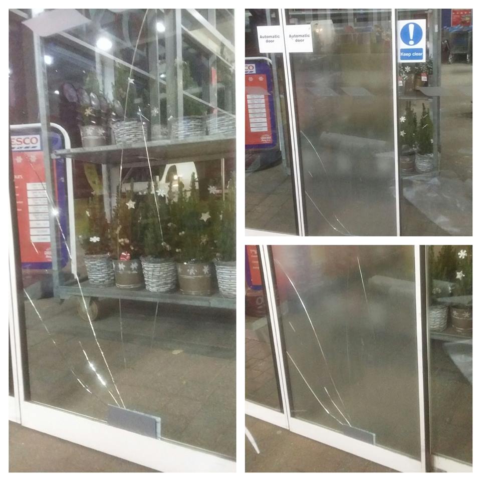 three pictures showing the before and after of window filmed window